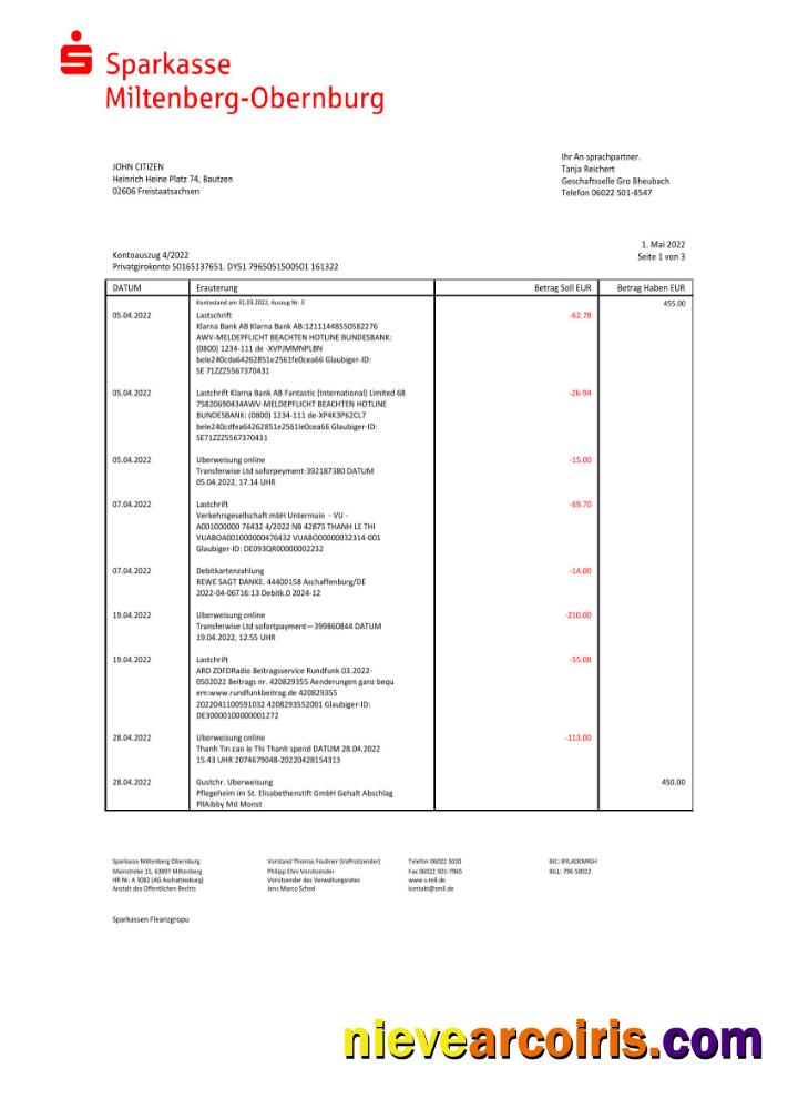 Germany Sparkasse Miltenburg-Obernburg bank statement Word and PDF